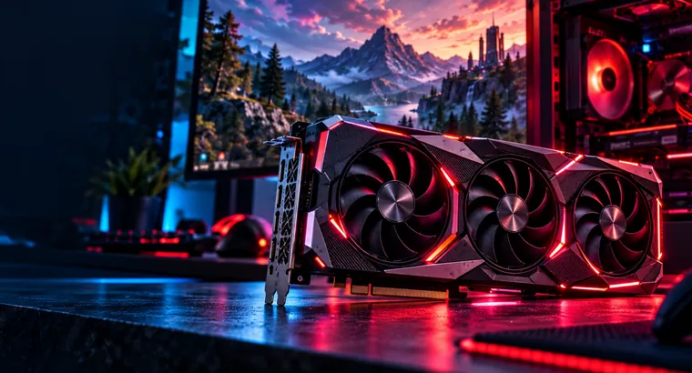 Red-lit triple-fan graphics card in a dark gaming setup, illustrative artwork