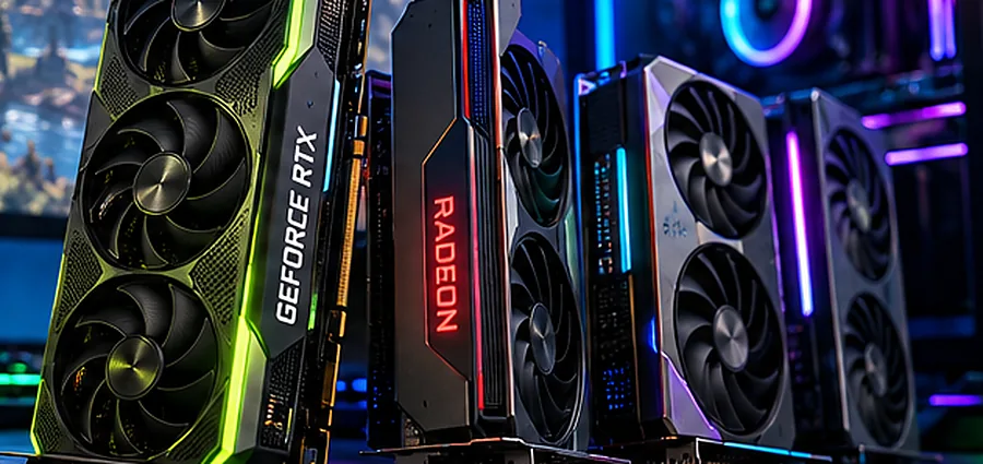 Concept art showing a selection of modern graphics cards