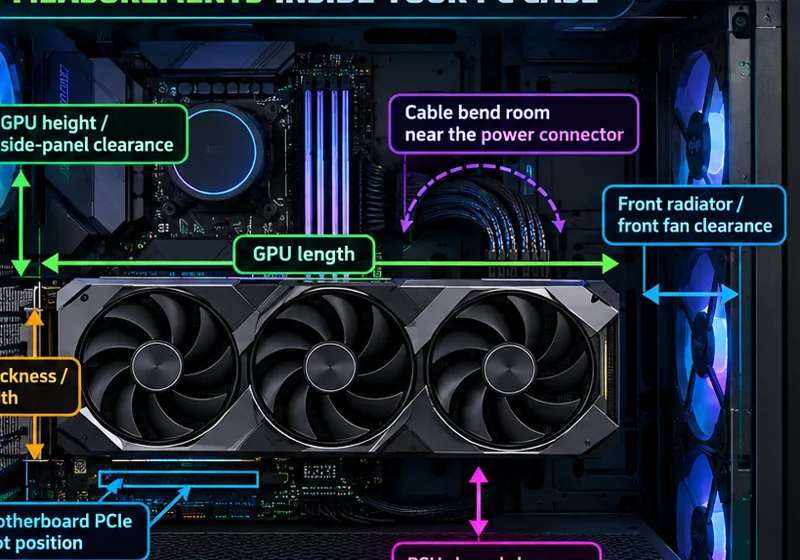 Illustration of graphics card inside a PC case to visualize physical clearance