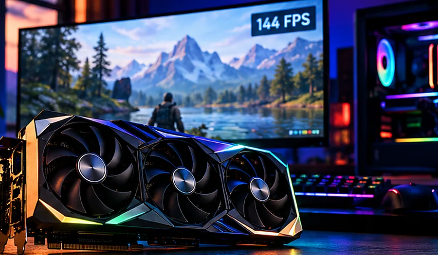 AI-generated concept illustration of a three-fan graphics card beside a gaming monitor